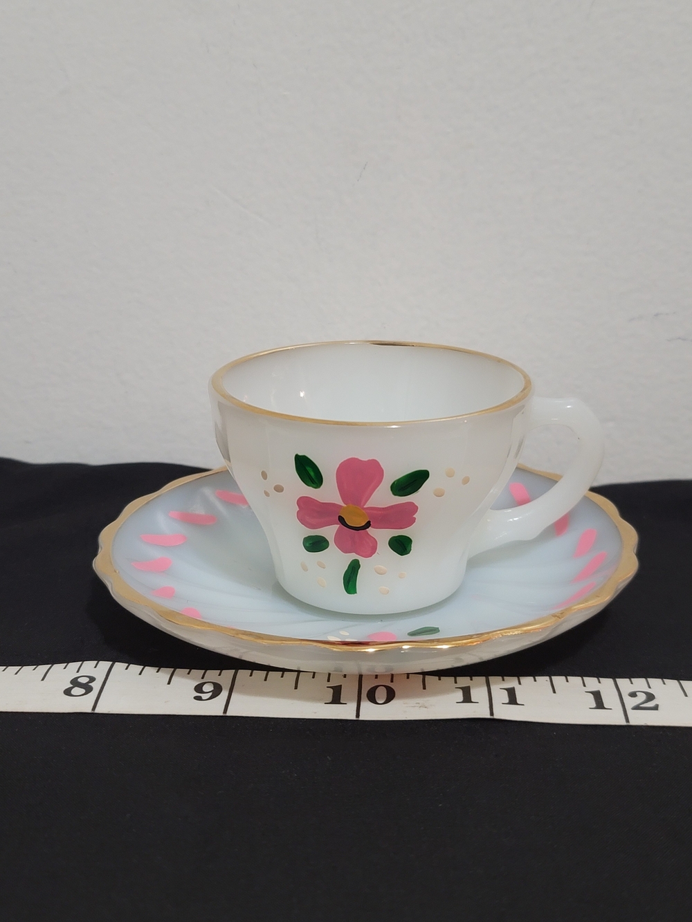 Vintage Anchor Hocking Floral Milk Glass Teacup & Saucer Pink Flower, Gold Trim